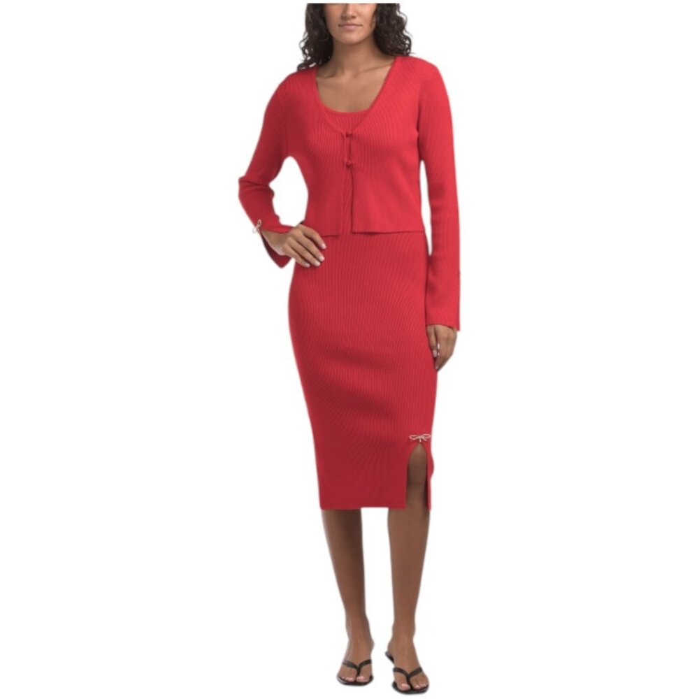 ABSOLUTELY FAMOUS 2pc Bow Detailed Cardigan And Sweater Dress Set